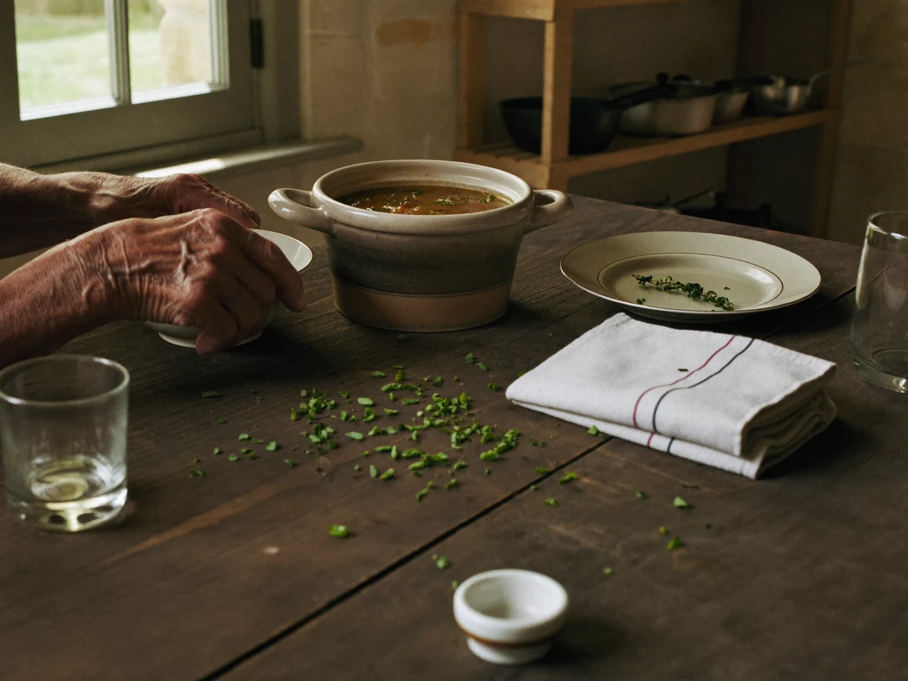 Tavola di casa in cucina rustica, apparecchiata per un pranzo tranquillo con pentola di zuppa