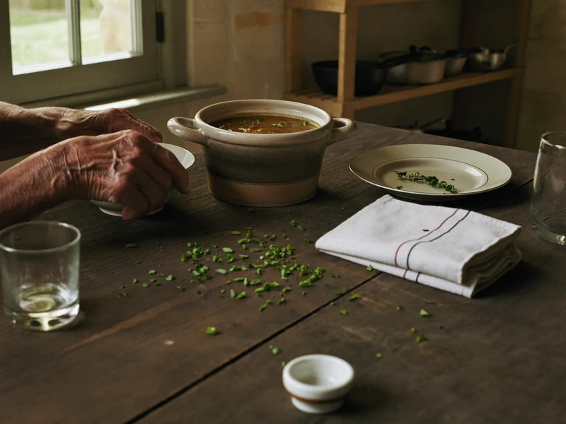 Tavola di casa in cucina rustica, apparecchiata per un pranzo tranquillo con pentola di zuppa