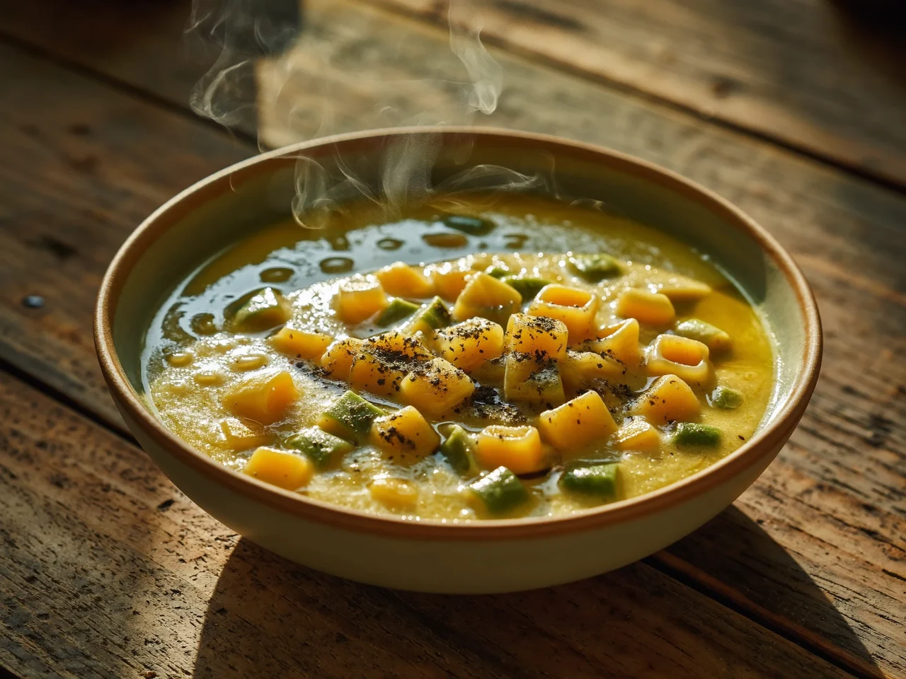 Ciotola di minestrina cremosa di verdure con pastina e filo d'olio