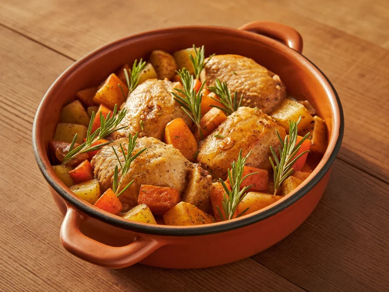 Pollo brasato tenero con carote e patate in teglia di terracotta
