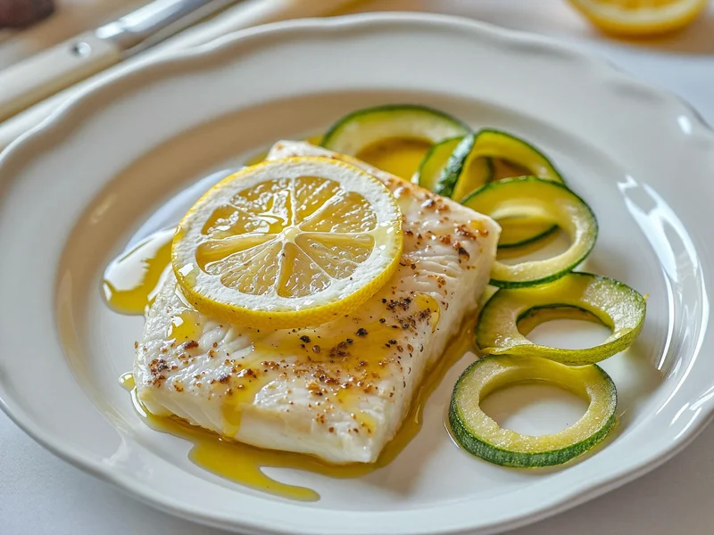Filetto di pesce al forno con limone, olio e zucchine al vapore