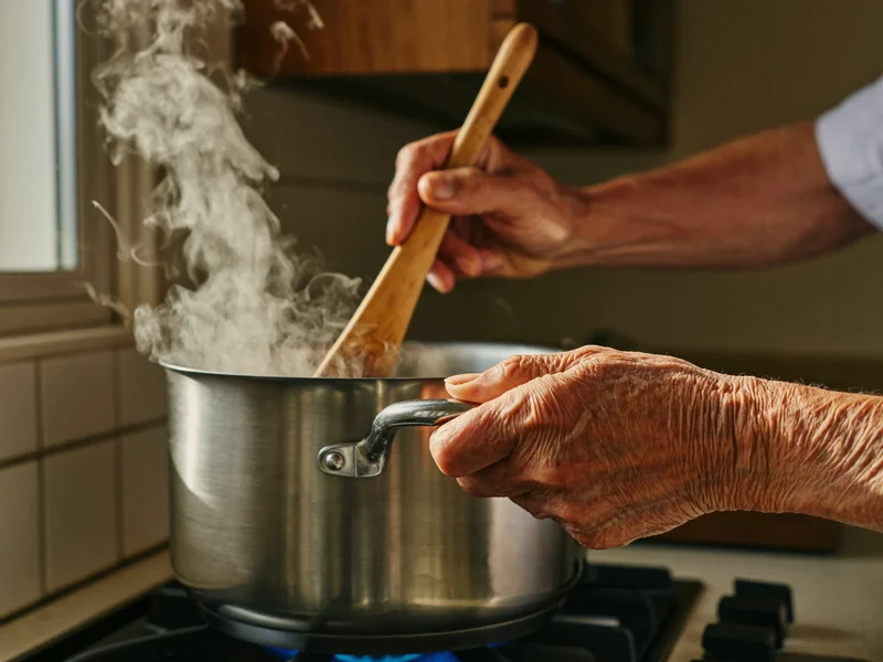 Mani esperte che mescolano una pentola con il cucchiaio di legno